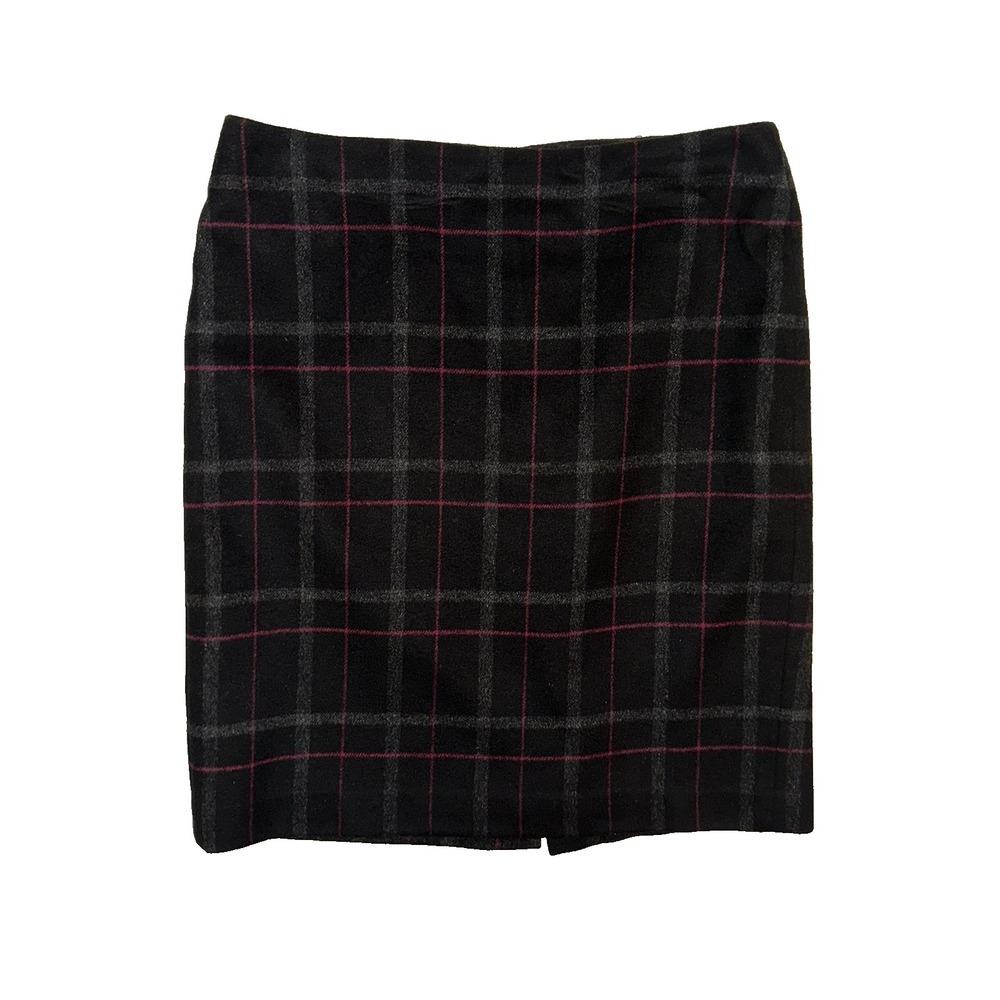 Talbots Skirt Womens 4 Black Burgundy Gray Plaid‎ Wool Blend Lined Pencil